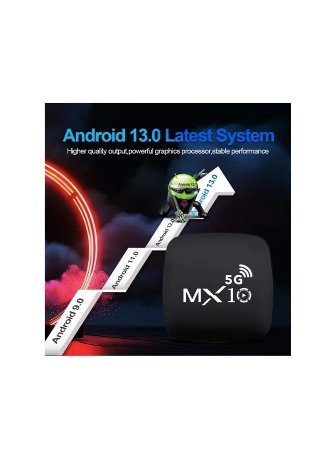 جهاز استقبال تلفزيوني ذكي بنظام أندرويد 13 طراز MX10، يدعم ترددي 2.4 جيجاهرتز و5 جيجاهرتز، مزود بجهاز تحكم عن بعد، يدعم دقة 4K عالية الوضوح، بسعة تخزين 4 جيجابايت أو 64 جيجابايت. - Image 5